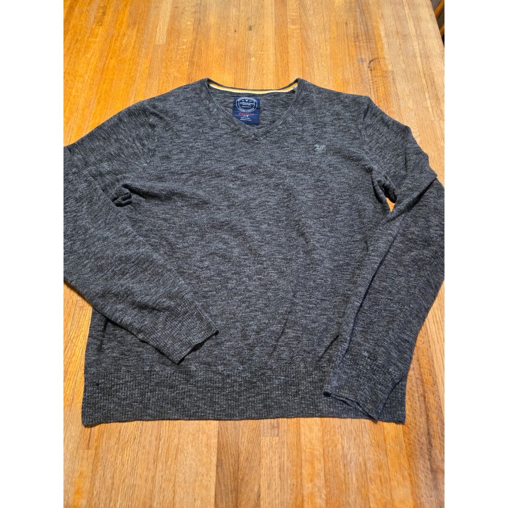 American Eagle Mens Large Charcoal Gray V-Neck Marl Cotton Athletic‎ Fit Sweater